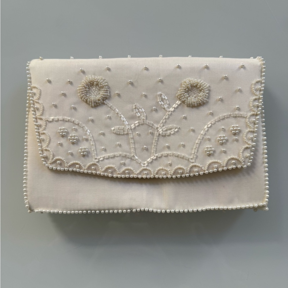 Vintage Ivory Beaded Clutch Floral Pearl Embellished Evening Bag 9”x6”